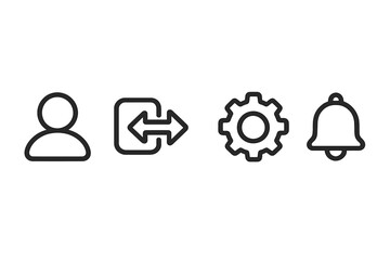 User Interface Outline Icon Set with Profile, Login, Logout, Settings, Notification Symbols, Vector Cartoon Illustration, Transparent Background, Ordered Set 2