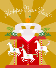 正月素材：鏡餅メリーゴーランドで回る馬のおしゃれでシンプルな年賀状素材（午年）