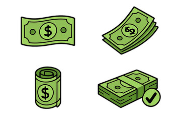 Vector dollar money illustration for finance success, business deal, and financial solution concepts. Green money cartoon style, cash stack, roll, and individual bills set, transparent background.