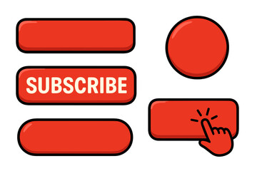 Vector red buttons isolated set, blank and subscribe menu buttons, click icon, round and rectangle shapes, cartoon style, transparent background, web and app interface elements
