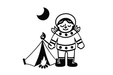 Fototapeta premium Smiling Cartoon Character Camping With Tent, Fire, and Moon on White Background