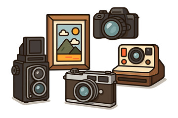 Various types of vintage and modern cameras with framed landscape artwork displayed creatively for artistic inspiration, photography, retro and digital imaging vector cartoon illustration