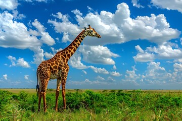 Majestic giraffe stands tall in sunny savanna under a bright blue sky with fluffy clouds