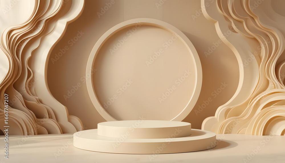 Poster elegant neutral stage design with layered curves and circular backdrop creates a modern minimalist s