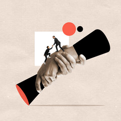 Bright collage in paper style. A man helps a woman climb to the top.