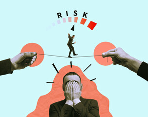 A businessman walks along a tightrope while balancing. Creative collage.