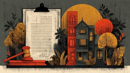 Vector illustration showing real estate legal paperwork concept, contract document, property transaction law, housing agreement, and land ownership regulation process
