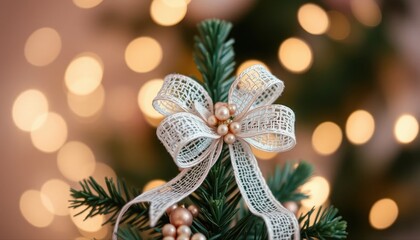 Obraz premium An elegant white mesh bow with pearls decorating a Christmas tree branch.