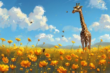 Vibrant giraffe explores a sunny meadow filled with golden flowers and buzzing bees