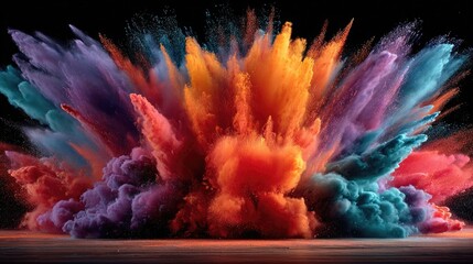 Vibrant color explosion effect with powdered pigments captured in motion against black background creating dynamic abstract burst ideal for creative digital projects and energy themes