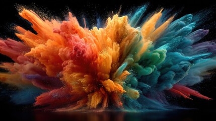 Vibrant color explosion effect with powdered pigments captured in motion against black background creating dynamic abstract burst ideal for creative digital projects and energy themes