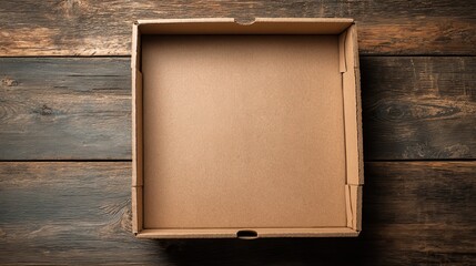 An empty cardboard pizza box on a rustic wooden table, showcasing its simple design and texture.
