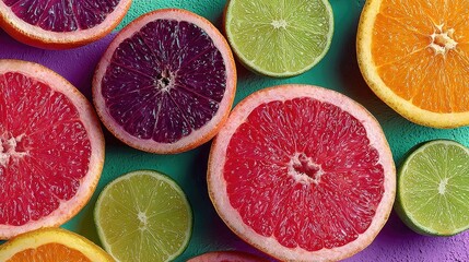 Vibrant top view of tropical fruits including sliced oranges lemons limes grapefruits arranged on textured surface showcasing summer freshness in a clean colorful flat lay composition
