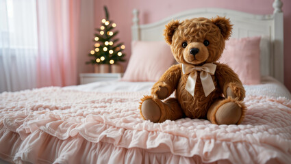 Fototapeta premium A fluffy brown teddy bear with a bow sits on a cute pink ruffled bedspread.