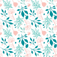 Pink Blossom Green Leaf Seamless Pattern. Vector illustration