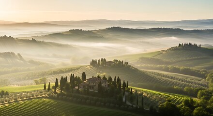 Misty Tuscan landscape at dawn