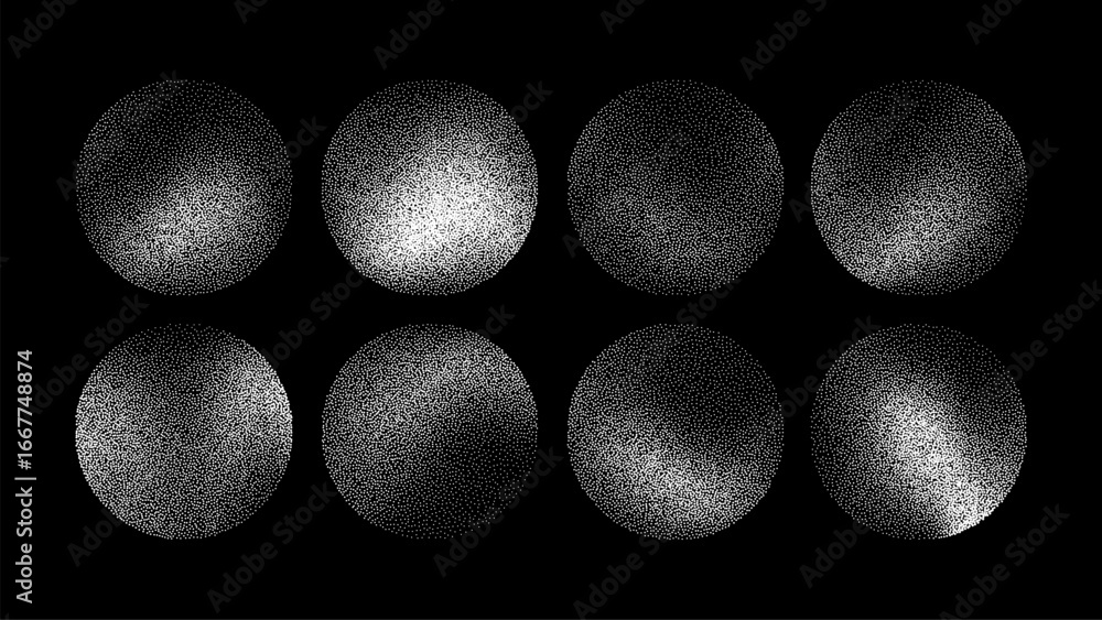 Poster eight black circles with noise grain texture. abstract dot gradient pattern for modern design elemen