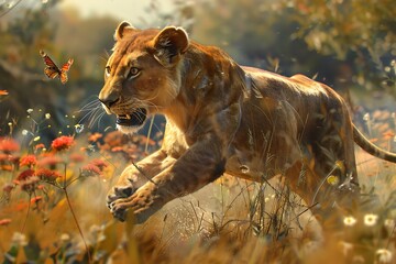 Majestic lioness pounces through vibrant wildflower meadow, chasing an orange butterfly in golden sunlight