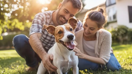 A happy couple petting their dog in a sunny backyard