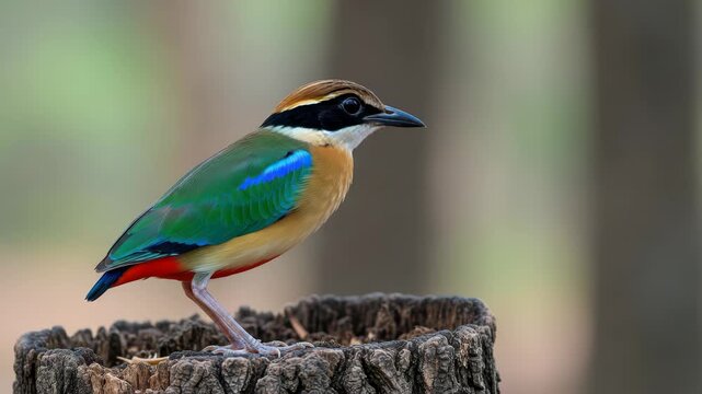 A vibrantly colored indian pitta bird perches on a weathered tree stump in a natural forest setting