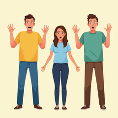 Obraz premium Three surprised people showing shocked reaction with hands raised in casual clothing vector illustration 