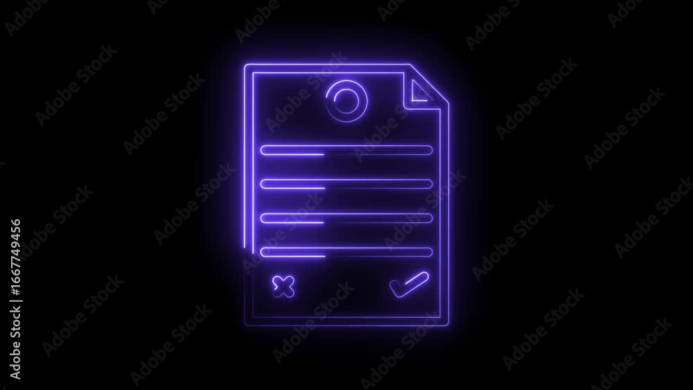 Poster glowing neon purple document checklist icon animation with progress bars and checkmark symbol