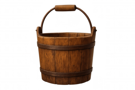Classic wooden bucket with metal hoops and handle, isolated on transparent background, ready for compositing