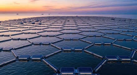 Expansive hexagonal floating solar panel farm on the sea at sunset.