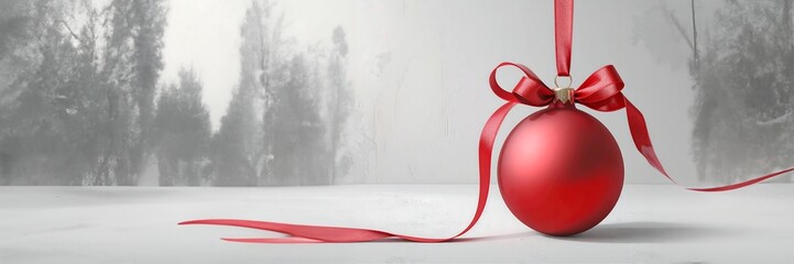 Festive Red Christmas Ornament with Ribbon, Wintery Backdrop, Holiday Cheer.