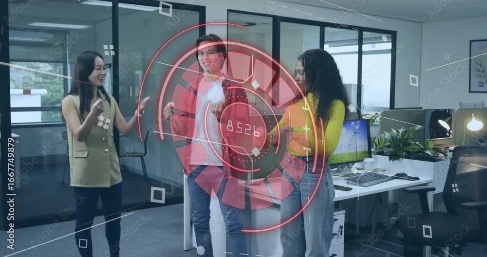 Poster semi-transparent interface appearing in open office team gesturing numbers showing business data
