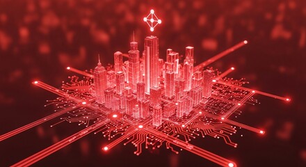 Futuristic red digital city network glowing with data streams