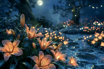 Enchanting moonlit garden path lined with glowing lilies and sparkling fairy lights at night