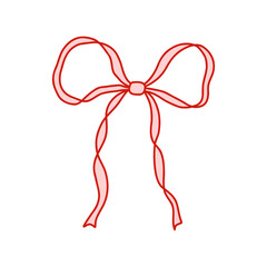 Whimsical coquette pink bow ribbon with red outline. Cute and elegant design element for Valentines Day, packaging, greeting cards, scrapbooking, feminine branding, and decorations. Vector art