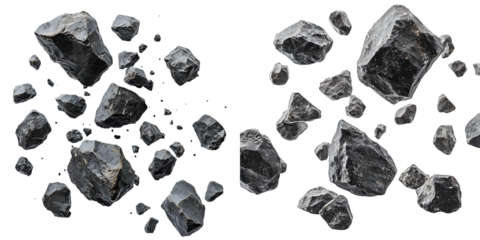 Space rocks in scattered floating formation isolated on a transparent background