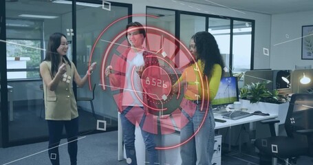 Semi-transparent interface appearing in open office team gesturing numbers showing business data - Powered by Adobe