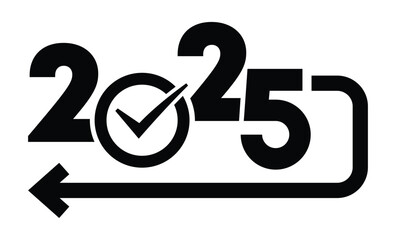 Minimalist black and white graphic of 2025 in bold geometric font. Numbers connected by wave-like line with arrows, symbolizing transition. Clean, modern, rectangular frame design.	