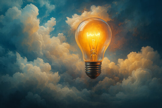 AI generated ultra realistic artwork of glowing light bulb floating among dramatic clouds with warm orange light contrasting cool sky tones symbolizing imagination inspiration creativity and hope