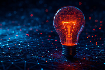 AI generated ultra realistic conceptual art of transparent light bulb with red orange glowing filament surrounded by neural network lines and data connections against deep blue futuristic background