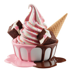 Strawberry Soft Serve Ice Cream with Waffle Cone and Chocolate Topping