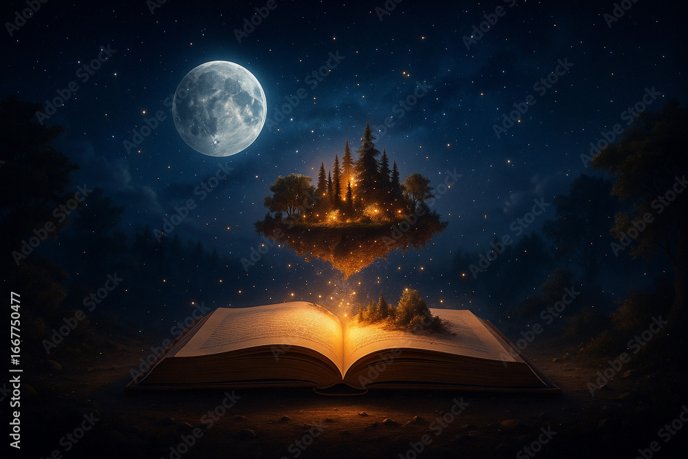 Poster ai generated fantasy artwork of an open book glowing with golden light releasing a floating island u