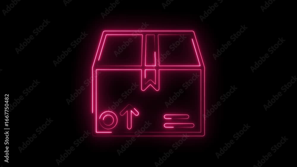 Poster glowing neon pink shipping box icon with up arrow and fragile symbols on black background for