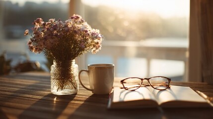Table with flowers, coffee, book, glasses, and sunlit background, for a relaxing scene