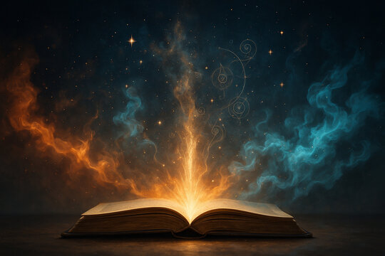 AI generated fantasy artwork of an open book glowing with golden light mystical energy rising into cosmic sky with stars colorful smoke and magical symbols symbolizing power imagination and mystery