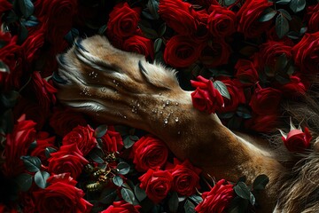 Majestic lion paw nestled amongst vibrant red roses, symbolizing strength and beauty.