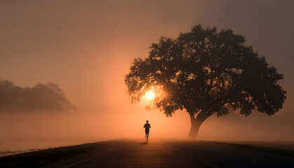 A runner man running alone toward the sun in the par with tree on both side ofthe road.