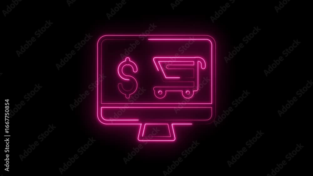 Poster glowing neon computer monitor displaying dollar sign and shopping cart icon symbolizing online