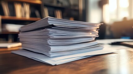 Fototapeta premium A large stack of papers sitting on a wooden surface top