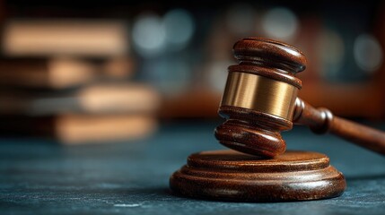 Wooden gavel placed on legal office desk background symbolizing justice, law enforcement, courtroom proceedings, legal authority, and formal legal decision-making setup