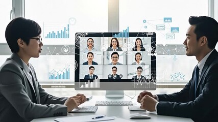 Two business professionals engaging in a virtual team meeting, analyzing data charts and graphics in a modern corporate environment - Powered by Adobe