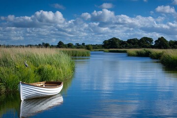 Obraz premium White rowboat on serene lake amidst lush greenery and blue sky